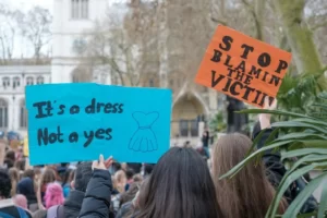 protest placards stating anti-misogyny slogans