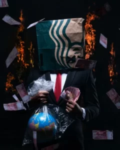 A man in a suit holding the world in a bag with one hand, a wad of cash in the other hand, and a starbucks bag over his head.
