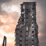 A bombed out high rise building