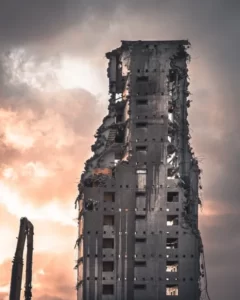 A bombed out high rise building