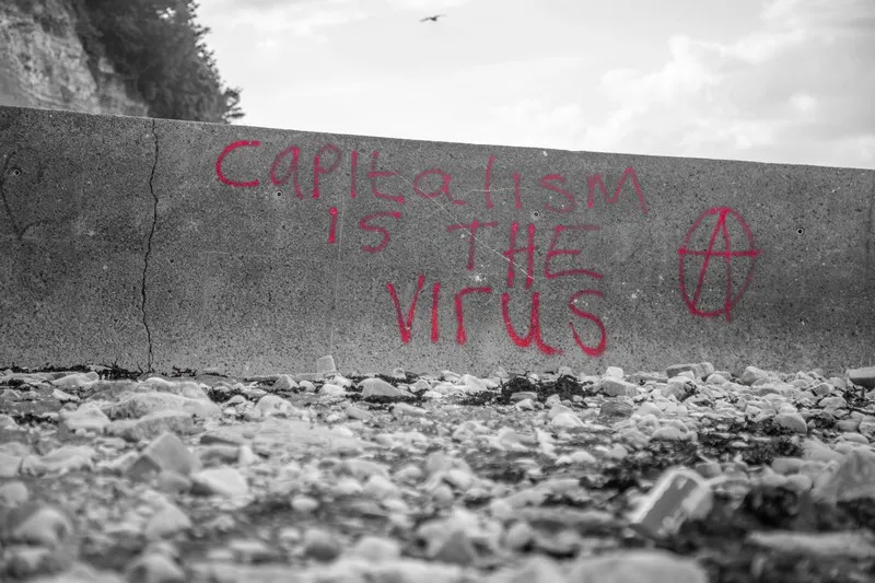 black and white shot of a grim wall. has red writing stating 'capitalism is the virus'. neoliberalism.