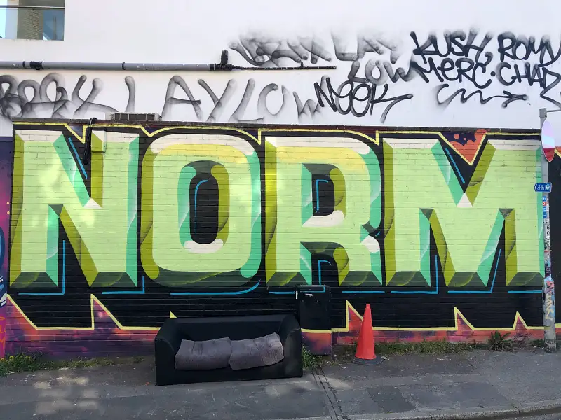 graffiti on a wall saying 'norms'
