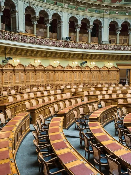A semi-circular seating arrangment in a parliament
