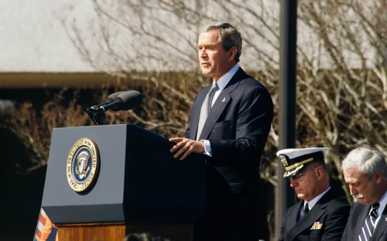 Geroge Dubya Bush talking at a lecturn democracy