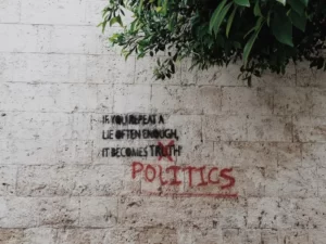 Graffitti on a wall stating 'politics'
