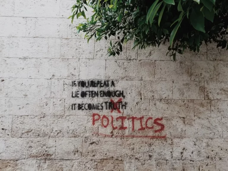 Graffitti on a wall stating 'politics'