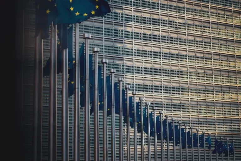 A curved line of european union flags