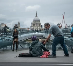A man giving some change to a homeless man sitting on the floor