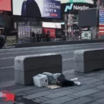 A homeless man asleep next to the road with a bucket on his head