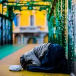 A person kneeling on the floor in poverty