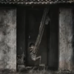 A child on a cloth swing in black and white