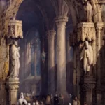 A rennaisance painting of worshippers in a cathedral