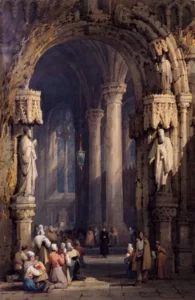 A rennaisance painting of worshippers in a cathedral