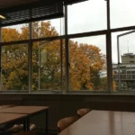 A school classroom looking at the window