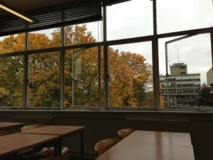 A school classroom looking at the window