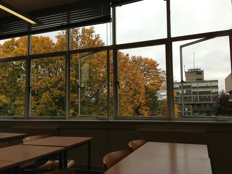 A school classroom looking at the window