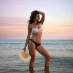 A woman wearing a bikini posing on a beach