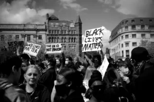 black and white photo of a black lives matter protest - inequality