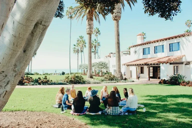 A group of people sitting in a circle at a commune on a sunny day