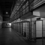 A black and white shot of jail cells