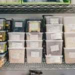 Piles of containers with labels