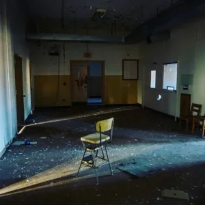 A lonely chair in an abandones school