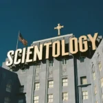 A church of scientology building with a large 'scientology' sign.