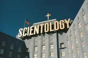 A church of scientology building with a large 'scientology' sign.