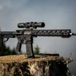 A fully automtic gun with scope sitting on a tree stump