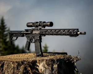 A fully automtic gun with scope sitting on a tree stump