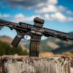 A fully automatic weapon balancing on a tree stump
