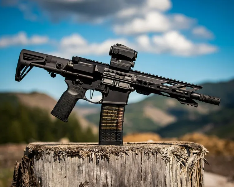 A fully automatic weapon balancing on a tree stump