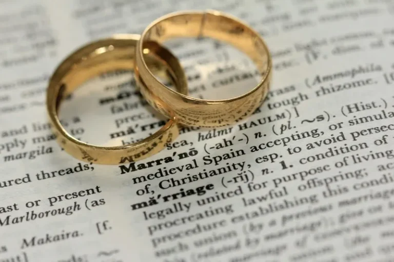 Two wedding rings on the page of a dictionary