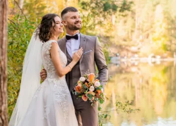 A couple on their sunny wedding day