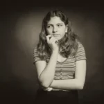 A sepia image of a woman thinking cognitively