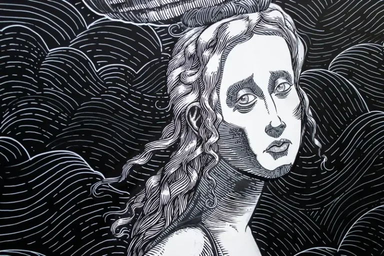 An art piece depicting a solemn woman