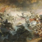 A historical art piece showing a battle
