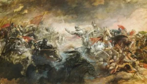 A historical art piece showing a battle