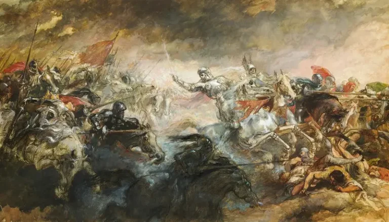 A historical art piece showing a battle
