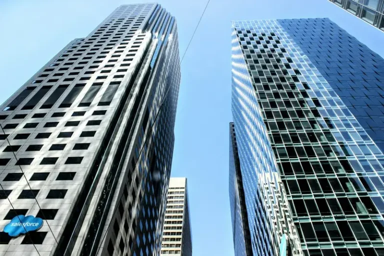 Some tall corporate buildings on a sunny day