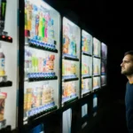A man stood at a japanese vending machine partaking in decision-making.