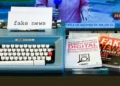 A typewriter typing out the words 'fake news' alongside some books with the same title