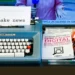 A typewriter typing out the words 'fake news' alongside some books with the same title