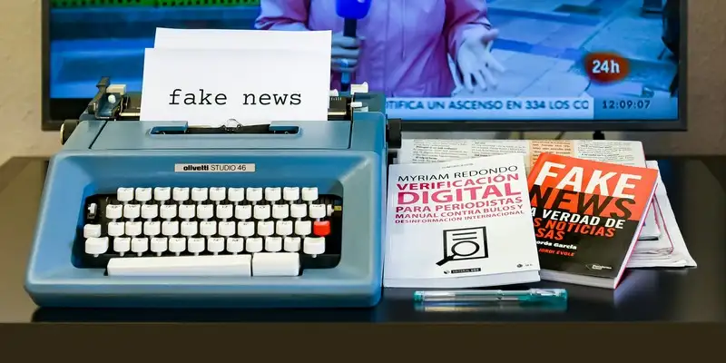 A typewriter typing out the words 'fake news' alongside some books with the same title