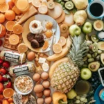 A table of various fruits, spices, and eggs