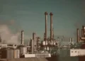 Two industrial chimneys at an industrial plant