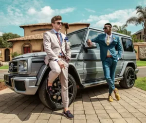 two flashy geezers with a G-wagon showing their status consumption