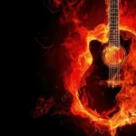 A guitar surrounding by the flames of power by a music producer