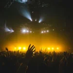 A heavy metal concert with only the crowds hands visible aginst the stage lighting