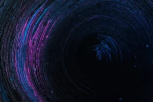 A black and purple abstract image resembling a black hole